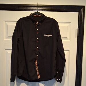 Elegant Black Button-Down Shirt with Floral Accents